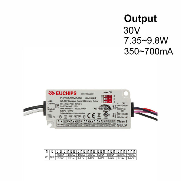 Selectable Constant Current 10W LED Driver 0-10V Dim PUP10A-1WMC-700 , 120VAC-277VAC 350 to 700mA