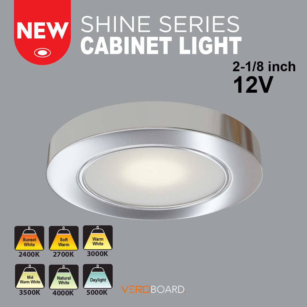 VBUN-2R25-12V-Silver Grey Round LED Cabinet Light (Shine Series), 12V 2.5W CCT(2.4K, 2.7K, 3K, 3.5K, 4K, 5K), Gekpower