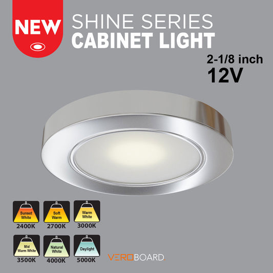 VBUN-2R25-12V-Silver Grey Round LED Cabinet Light (Shine Series), 12V 2.5W CCT(2.4K, 2.7K, 3K, 3.5K, 4K, 5K), Gekpower