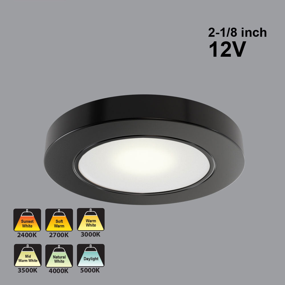 VBUN-2R25-12V-Black Round LED Cabinet Lights, 12V 2.5W CCT(2.4K, 2.7K, 3K, 3.5K, 4K, 5K)