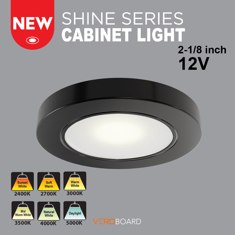 VBUN-2R25-12V-Black Round LED Cabinet Lights, 12V 2.5W CCT(2.4K, 2.7K, 3K, 3.5K, 4K, 5K), Gekpower