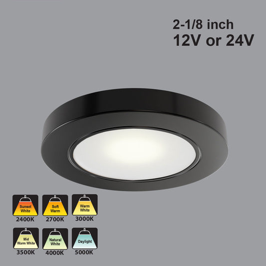 VBUN-2R25-xx-Black Round LED Cabinet Lights, 12V or 24V CCT(2.4K, 2.7K, 3K, 3.5K, 4K, 5K)