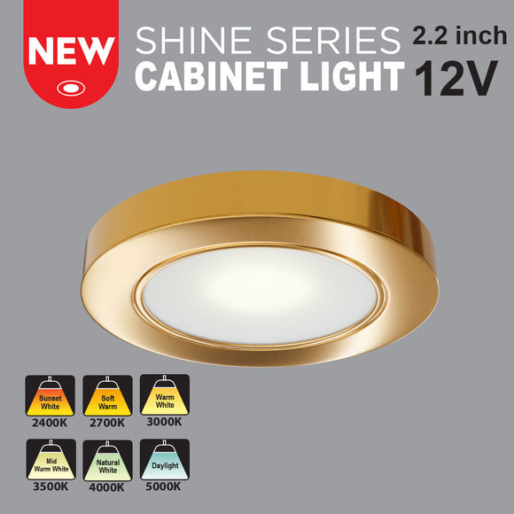 VBUN-2R25-12V Shiny Gold Round LED Cabinet Puck Light, 12V 2.5W CCT(2.4K, 2.7K, 3K, 3.5K, 4K, 5K), gekpower