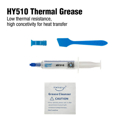 HY510 thermal grease kit including tube, applicator, and grease cleanser, ideal for heat transfer applications.