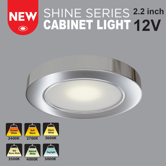 VBUN-2R25-12V-Polished Chrome Round LED Cabinet Lights (Shine Series), 12V 2.5W CCT(2.4K, 2.7K, 3K, 3.5K, 4K, 5K), Gekpower