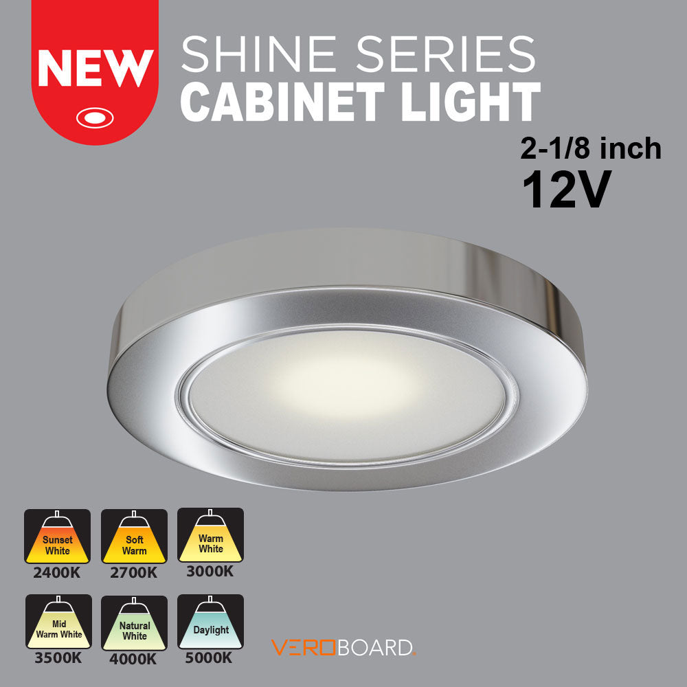 VBUN-2R25-12V-Polished Chrome Round LED Cabinet Lights (Shine Series), 12V 2.5W CCT(2.4K, 2.7K, 3K, 3.5K, 4K, 5K), Gekpower