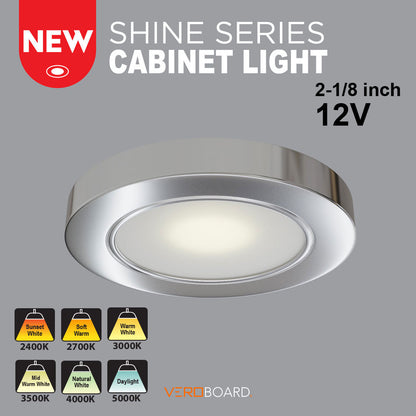 VBUN-2R25-12V-Polished Chrome Round LED Cabinet Lights (Shine Series), 12V 2.5W CCT(2.4K, 2.7K, 3K, 3.5K, 4K, 5K), Gekpower