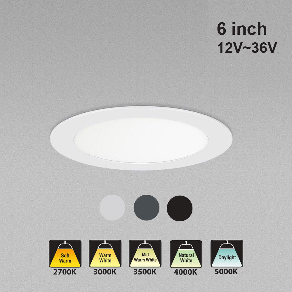 6 inch Dimmable flat Round Ultrathin Recessed Downlights/ Ceiling Light LED-6-S12W-1224V-5CCTWH, 12V~36V 12W 5CCT(2.7K, 3K, 3.5K, 4K, 5K)