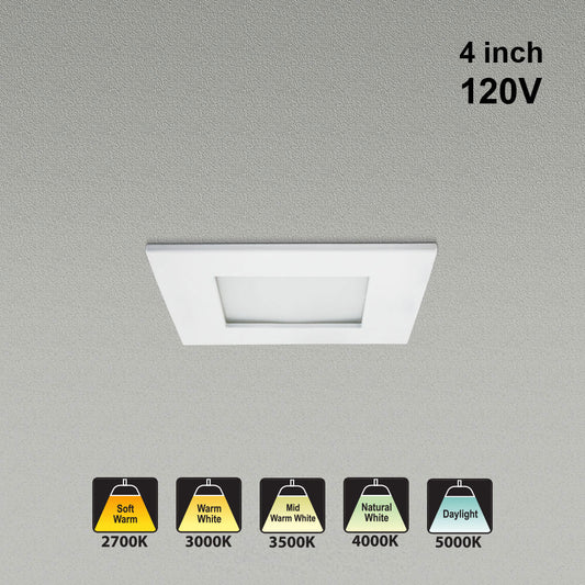 4 inch Square Flat Dimmable Recessed LED Panel Light / Downlight / Ceiling Light, 120V 12W 5CCT(2.7K, 3K, 3.5K, 4K, 5K), Gekpower