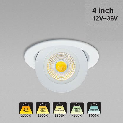 4 inch dimmable recessed LED downlight, 12V-36V, with color temperatures: 2700K to 5000K, ideal for various lighting needs.