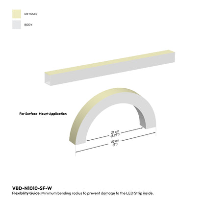 White Silicone Flexible LED Neon channel VBD-N1010-SF-W, per foot(30.5cm) SURFACE Mount