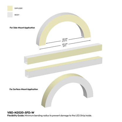 White Silicone Flexible LED Neon channel VBD-N2020-SFD-W, per foot(30.5cm) SIDE & SURFACE Mount