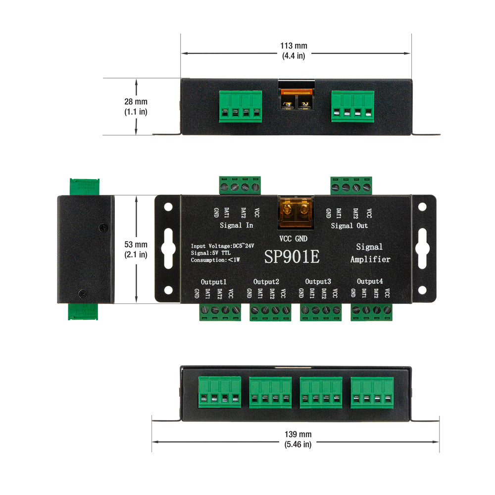 SP901E LED Pixel SPI Signal Amplifier Repeater Addressable LED Strip and Dream Color Programmable LED Matrix Panel, 5V~24V, gekpower