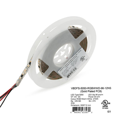 5M(16.4ft) Indoor LED Strip 5050, 12V 9(w/ft) 96(LEDs/m) Addressable RGBW Gold PCB, gekpower