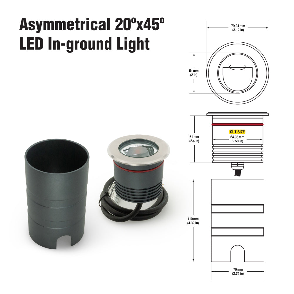 Outdoor Round Recessed Inground Light, 24V 8W 3000K Asymmetrical Beam angle