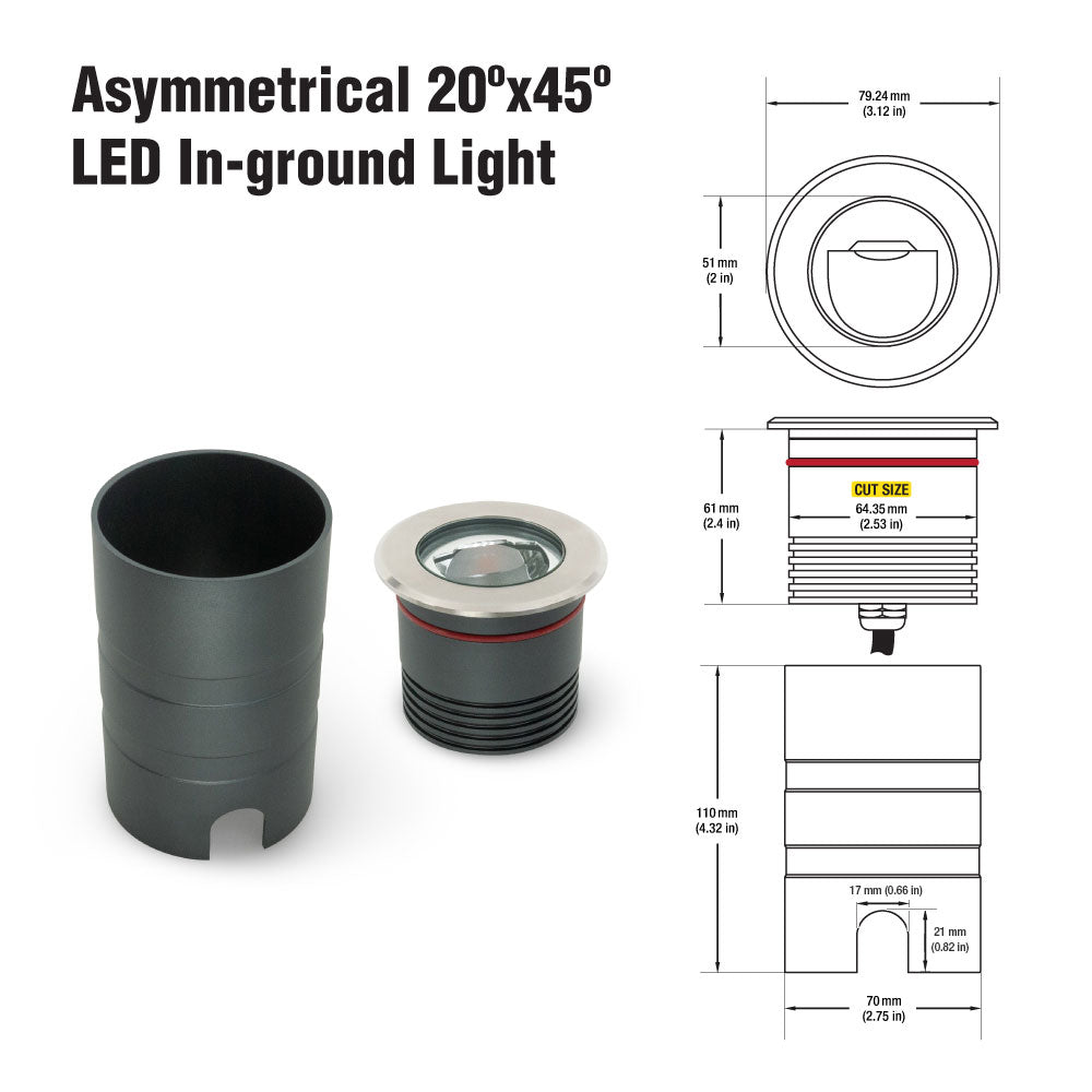Outdoor Round Recessed Inground Light - 24V 8W 3000K Asymmetrical Beam angle