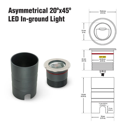 Outdoor Round Recessed Inground Light - 24V 8W 3000K Asymmetrical Beam angle