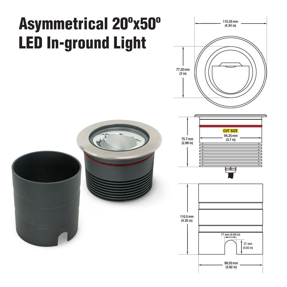 Outdoor Round Recessed Inground Light - 24V 15W 3000K Asymmetrical Beam angle