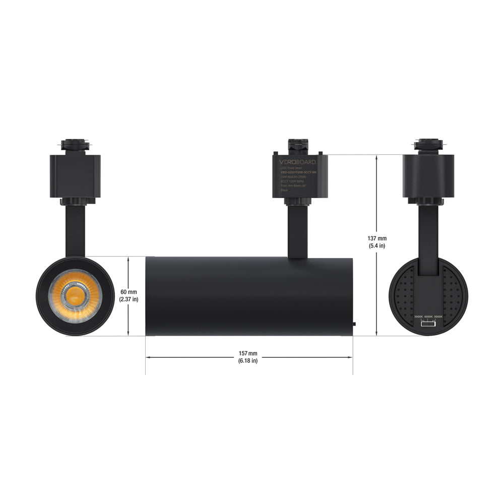 Black LED Track Light Head VBD-GD21F20B-3CCT-BK, 120V 15W 3CCT(3K, 4K, 5K)