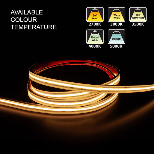 Custom COB LED strip light showcasing available color temperatures: 2700K, 3000K, 3500K, 4000K, and 5000K.