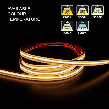 Custom COB LED strip light showcasing available color temperatures: 2700K, 3000K, 3500K, 4000K, and 5000K.