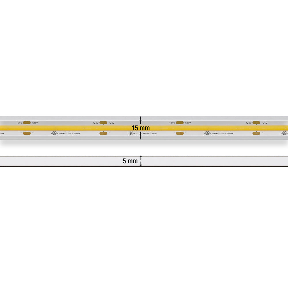 Custom cut COB LED strip light with dimensions, showcasing 15mm width and 5mm height, designed for outdoor use.