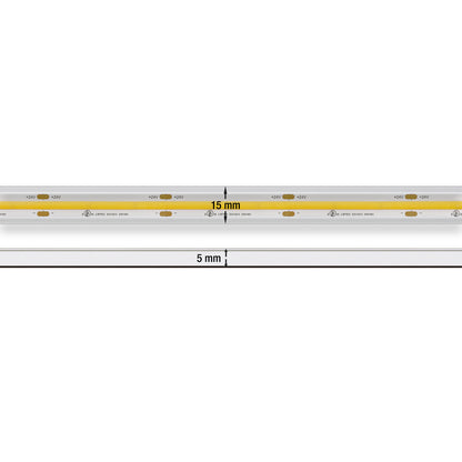 Custom cut COB LED strip light with dimensions, showcasing 15mm width and 5mm height, designed for outdoor use.