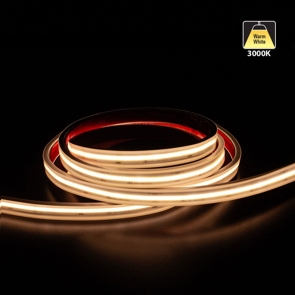 Custom cut 24V COB LED strip light in warm white 3000K, showcasing flexible design for outdoor use.