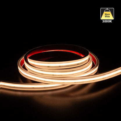 Custom cut COB LED strip light in warm white 3000K, showcasing flexible design and bright illumination.
