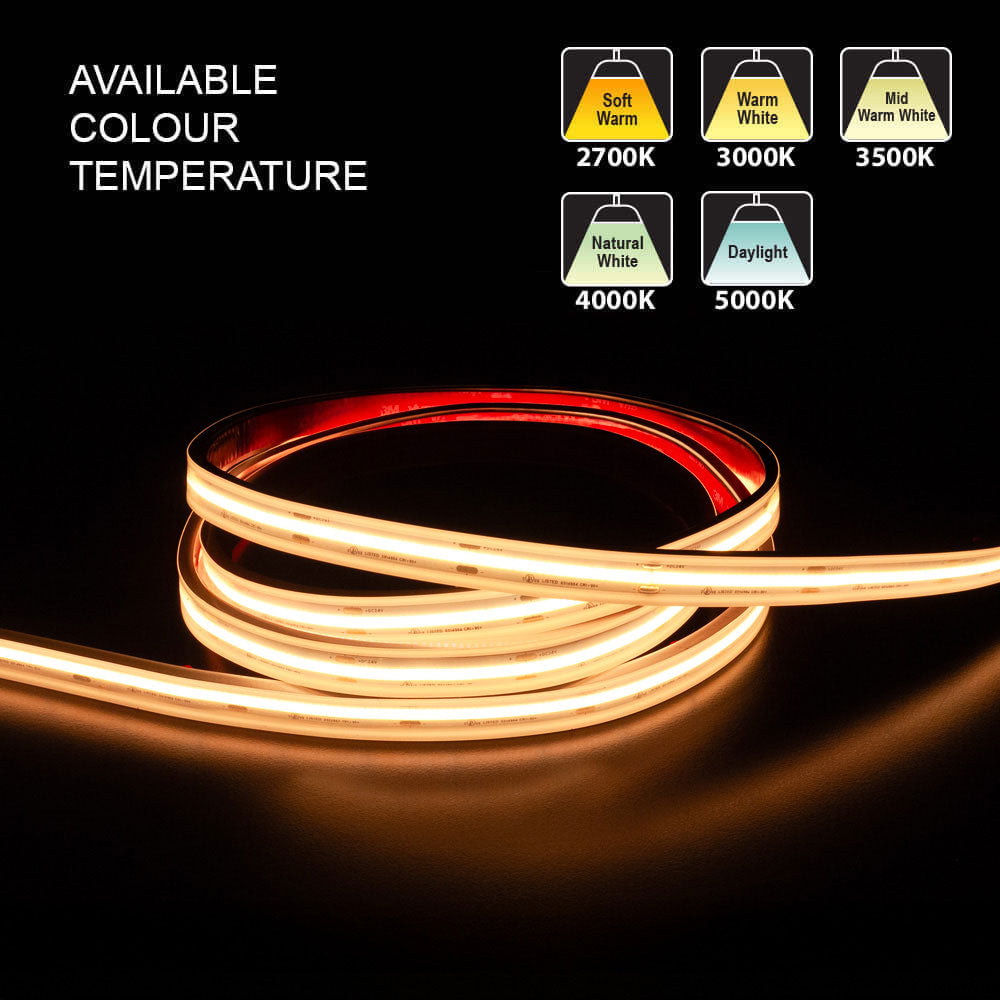 Custom cut COB LED strip light showcasing available color temperatures: 2700K to 5000K in soft and warm colors.