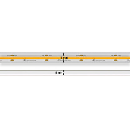 Custom cut COB LED strip light with 15mm width and 5mm height, 480 LEDs for bright illumination.