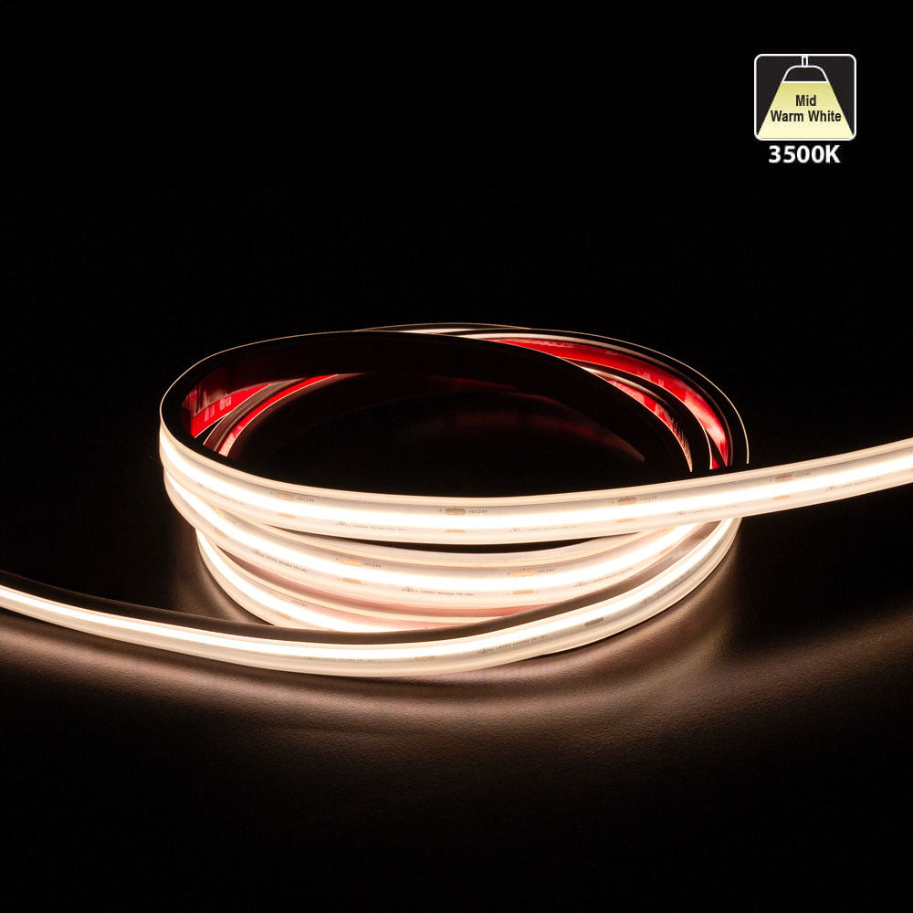 Custom cut COB LED strip light in mid warm white (3500K), showcasing flexible, bright lighting options.