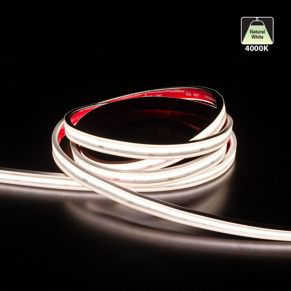 Custom cut outdoor COB LED strip light in natural white 4000K, flexible and ideal for various lighting applications.
