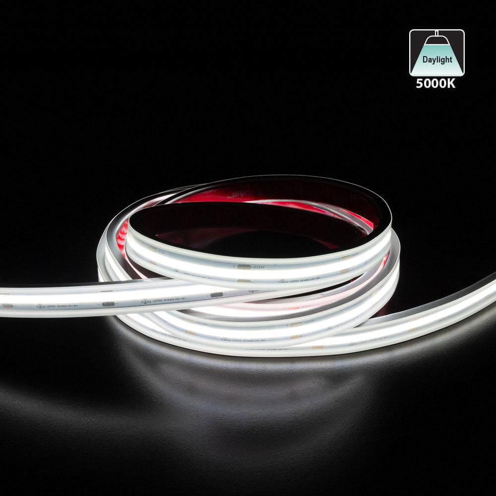 Custom cut 24V COB LED strip light in daylight (5000K), showcasing flexible design and bright illumination.