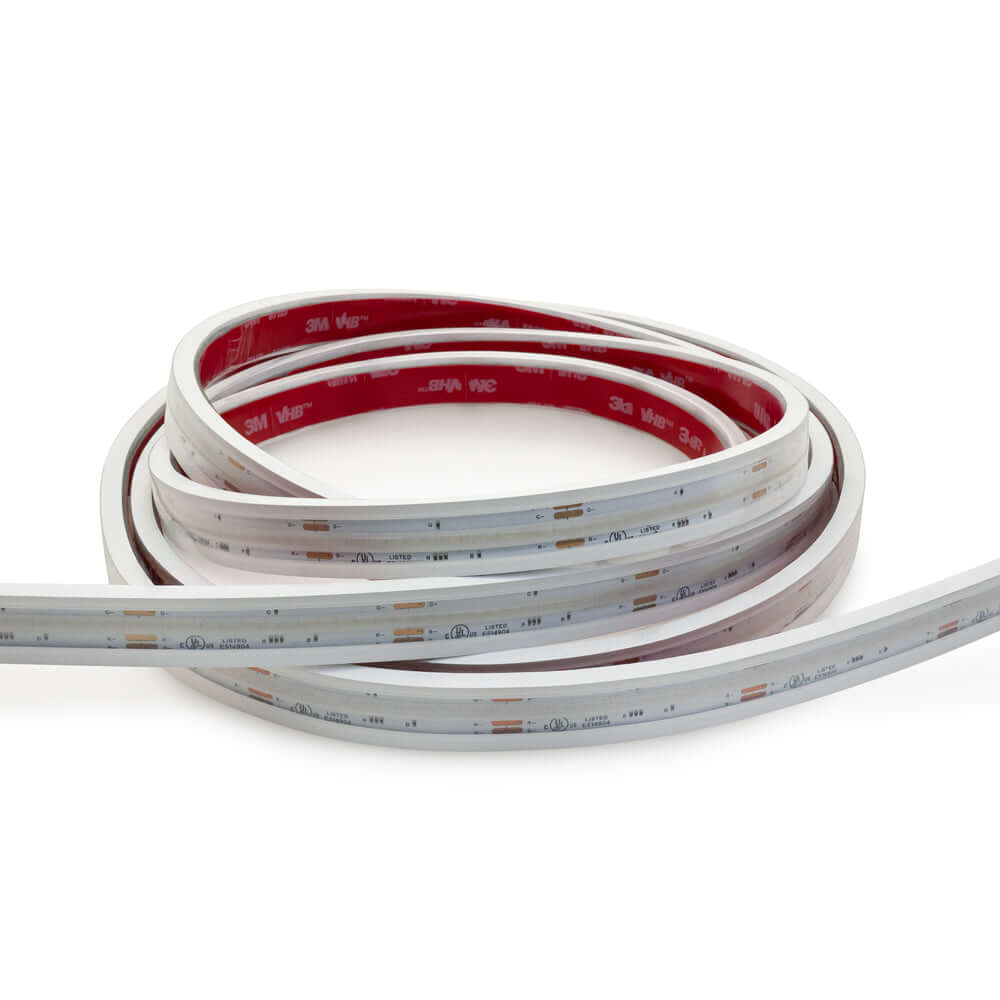 Custom cut Outdoor COB LED strip light in a coiled roll, featuring RGB colors, IP67 waterproof rating, and 24V input.