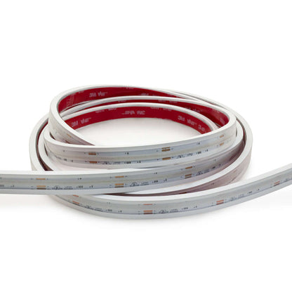 Custom cut Outdoor COB LED strip light in a coiled roll, featuring RGB colors, IP67 waterproof rating, and 24V input.