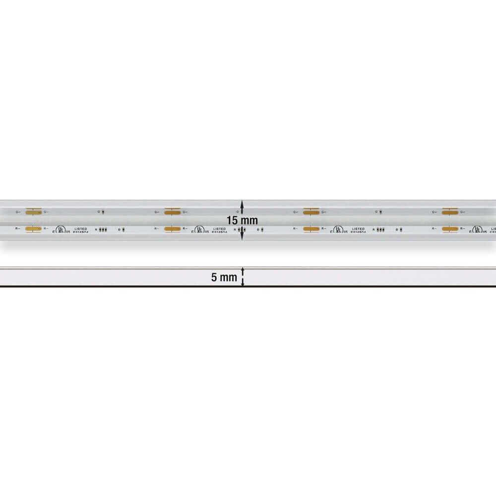 Custom cut outdoor COB LED strip light, 15mm wide and 5mm high, showing waterproof design for durable use.
