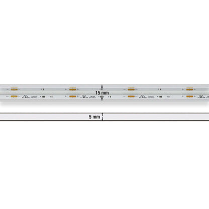 Custom cut outdoor COB LED strip light, 15mm wide and 5mm high, showing waterproof design for durable use.
