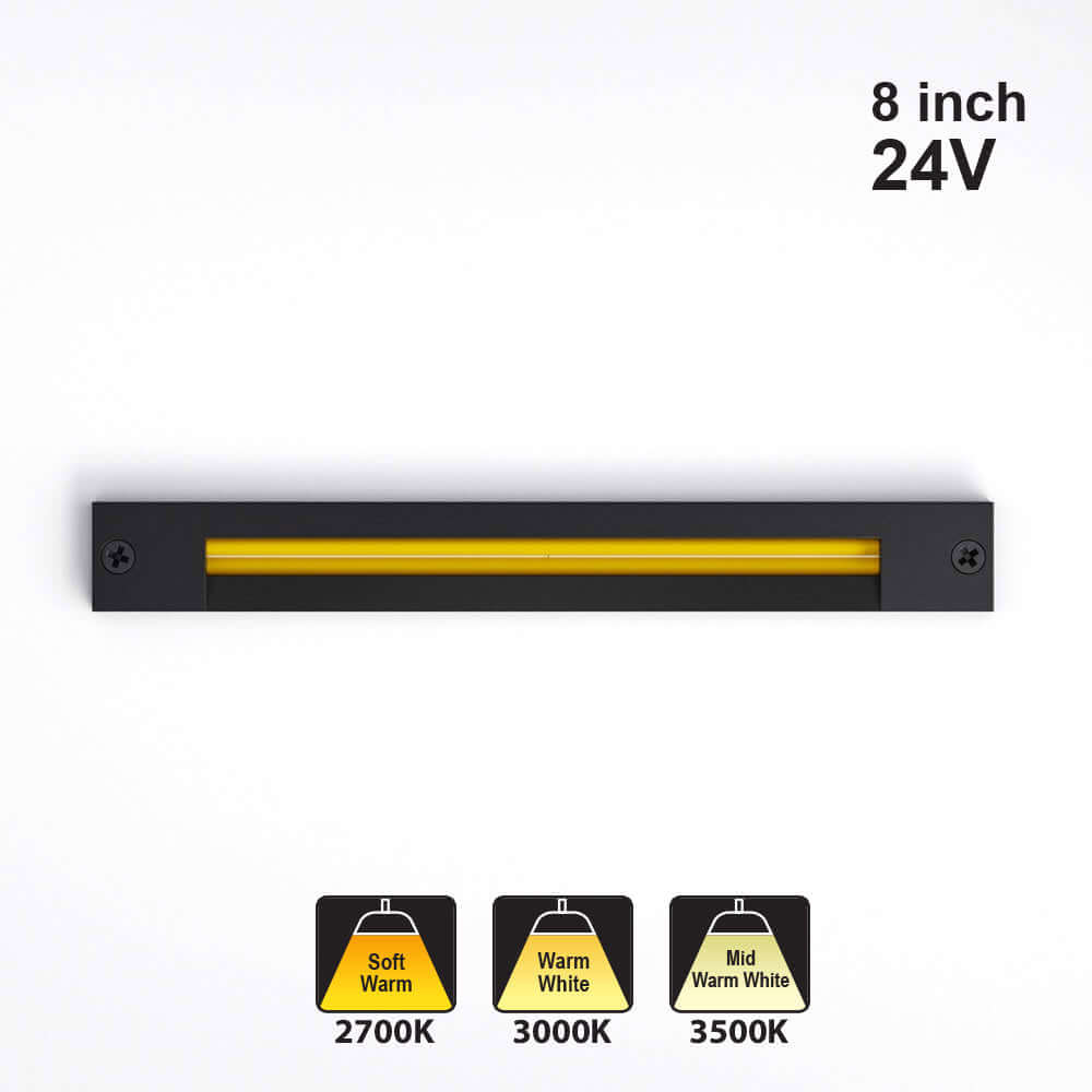 8 inch linear cabinet light in black, 24V, featuring three color temperatures: 2700K, 3000K, 3500K.