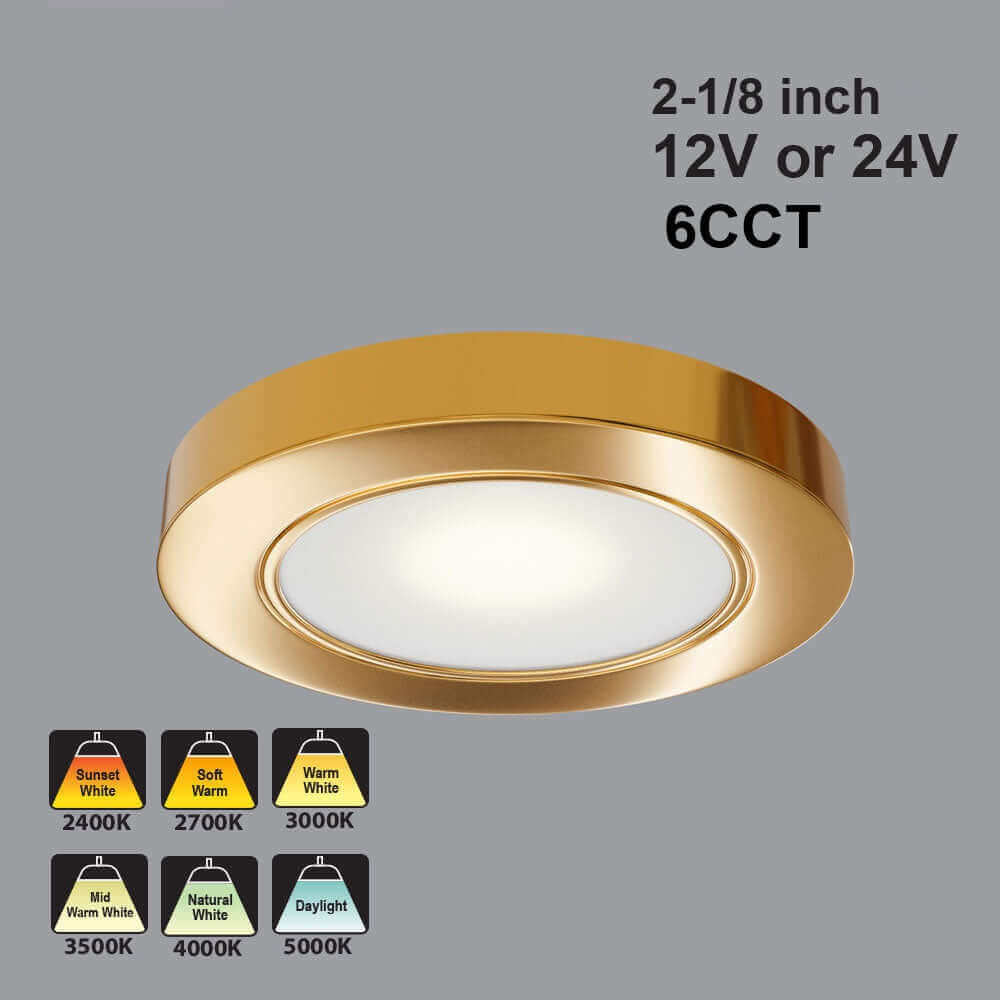 VBUN-2R25-1224V-6CCT-Gold Round Cabinet Light 12-24V 2.7W selectable 6CCT
