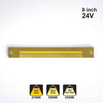 8 inch linear cabinet shelf light in gold, 24V, adjustable color temperatures 2700K, 3000K, 3500K.
