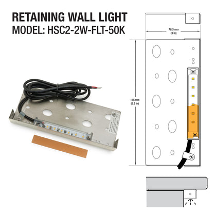 7 inch outdoor landscape retaining wall light model HSC2-2W-FLT-50K with cable and mounting features.