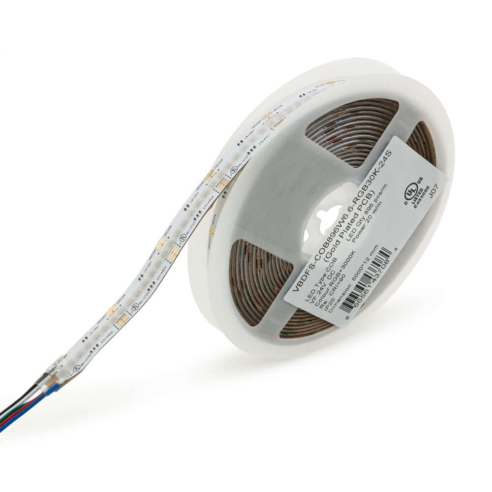 5M(16.4ft) Indoor LED Strip Light COB, 24V 6.6(w/ft) 896(LEDs/m) RGBW(3000K) Gold PCB spool view