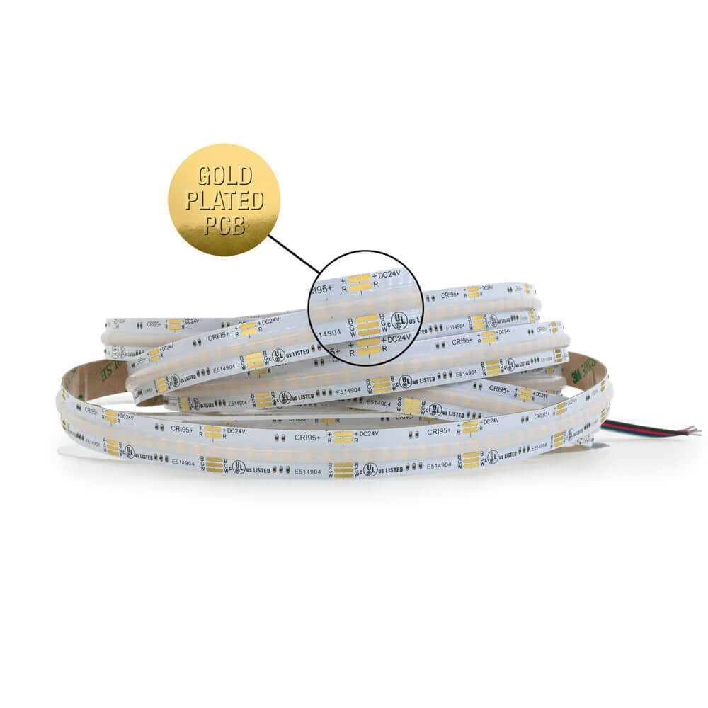 5M(16.4ft) Indoor LED Strip Light COB, 24V 6.6(w/ft) 896(LEDs/m) RGBW(3000K) Gold PCB with visible gold plated section.