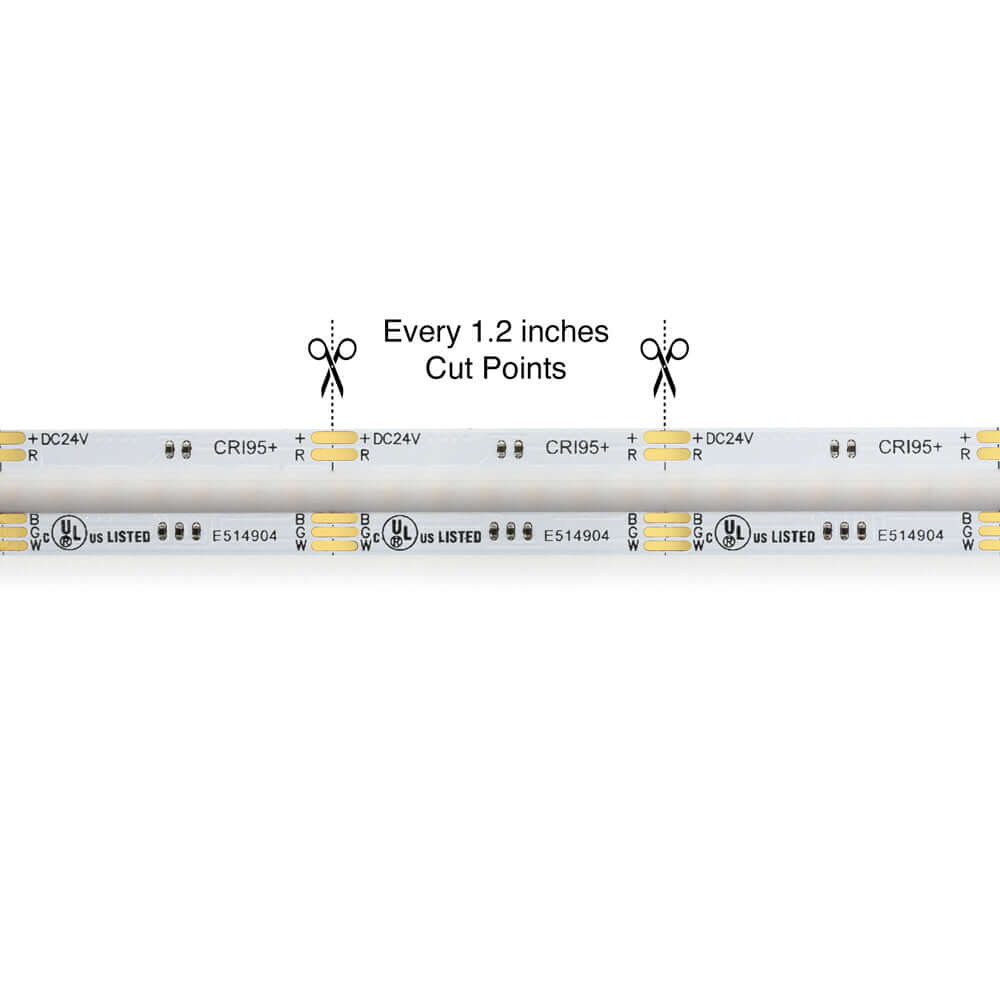 5M(16.4ft) Indoor LED Strip Light COB, 24V 6.6(w/ft) 896(LEDs/m) RGBW(3000K) Gold PCB cut points every 1.2 inches.