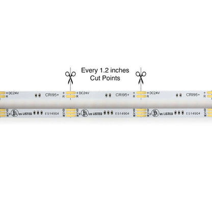 5M(16.4ft) Indoor LED Strip Light COB, 24V 6.6(w/ft) 896(LEDs/m) RGBW(3000K) Gold PCB cut points every 1.2 inches.