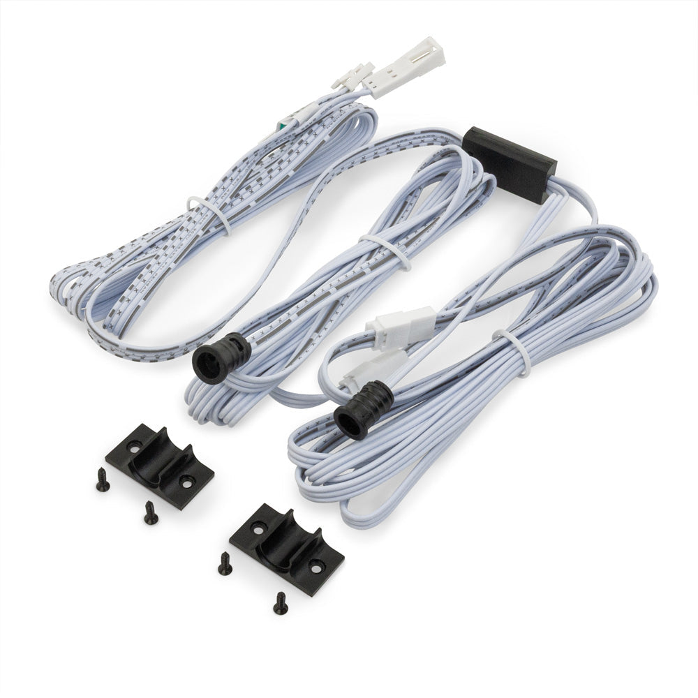 Wiring kit for door sensor switch, featuring gray cables and mounting clips, designed for easy installation.
