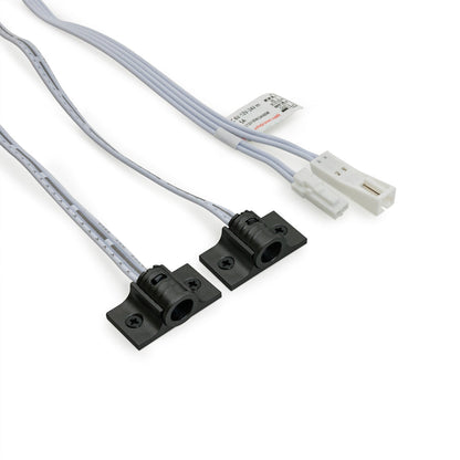 Double head door sensor switch wiring with black connectors and white cables for 12-24V system.