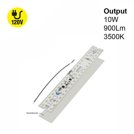 9 inch linear LED module 3500K showing 120V output and 10W power with detailed circuitry and thermal silicone pad.