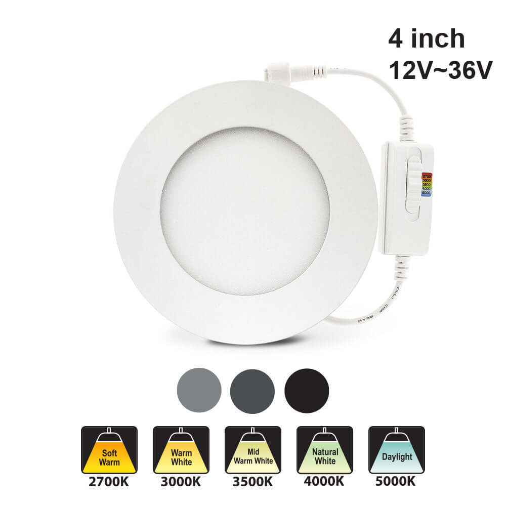 4 inch round LED panel light with adjustable color temperatures 2700K to 5000K, compatible with 12V to 36V.